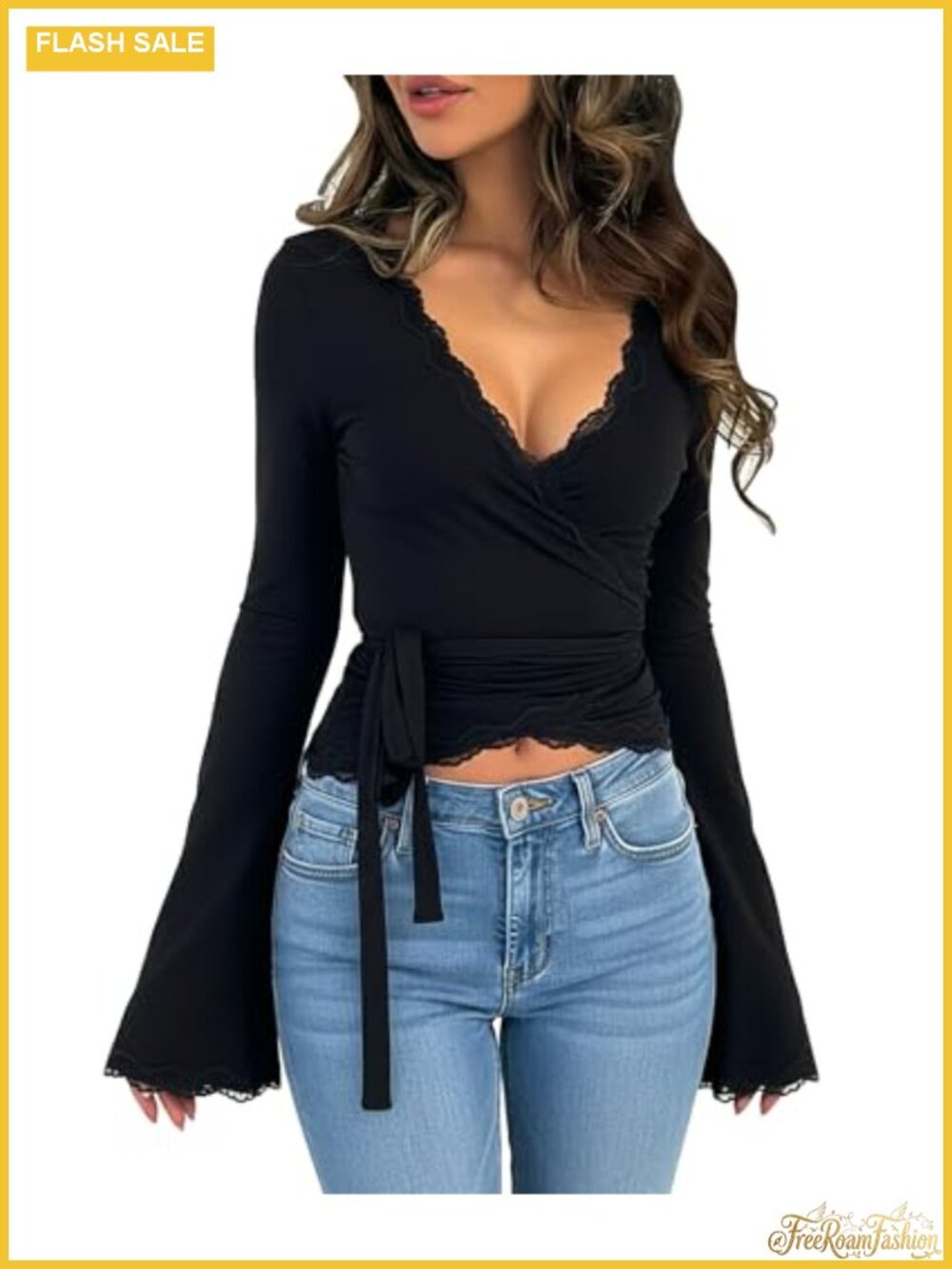 Women's Lace Trim Long Sleeve Wrap V Neck Tie Front Bell Sleeve Y2K Crop Top